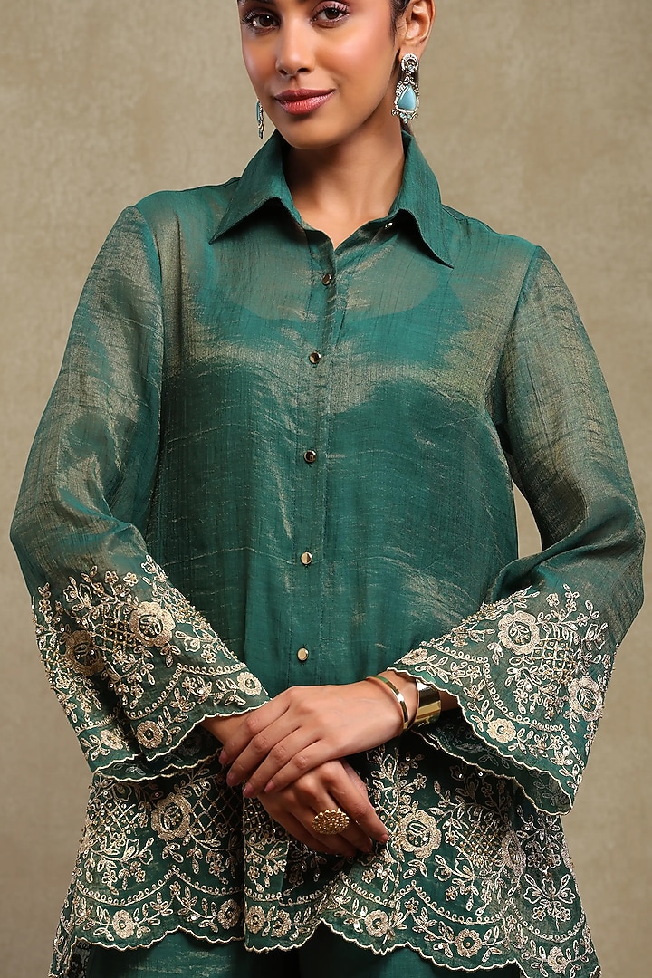 Emerald Green Tissue Chanderi Embroidered Co-Ord Set by DOHR INDIA at Pernia's Pop Up Shop