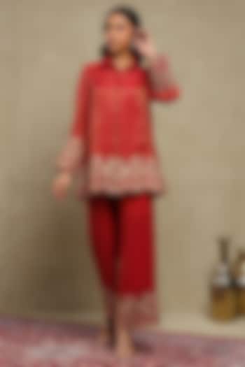 Red Tissue Chanderi Embroidered Co-Ord Set by DOHR INDIA at Pernia's Pop Up Shop