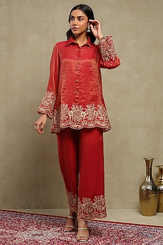 Red Tissue Chanderi Embroidered Co-Ord Set by DOHR INDIA
