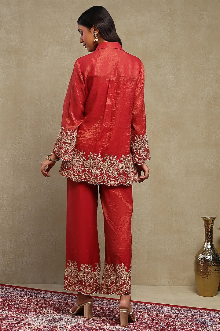 Red Tissue Chanderi Embroidered Co-Ord Set by DOHR INDIA at Pernia's Pop Up Shop