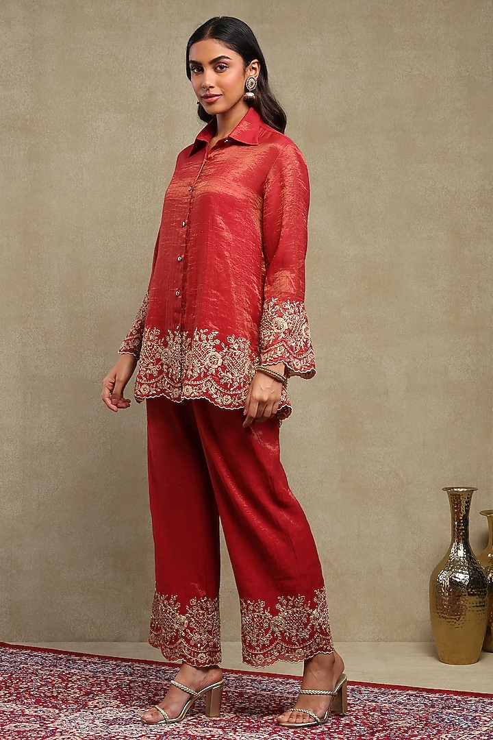 Red Tissue Chanderi Embroidered Co-Ord Set by DOHR INDIA at Pernia's Pop Up Shop