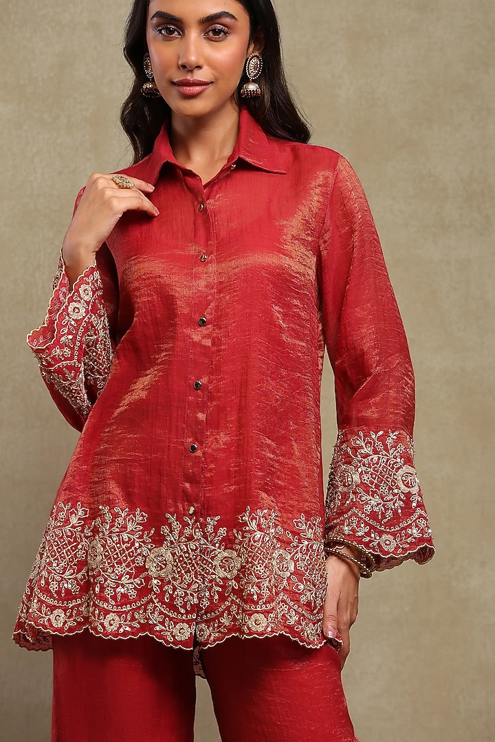 Red Tissue Chanderi Embroidered Co-Ord Set by DOHR INDIA at Pernia's Pop Up Shop