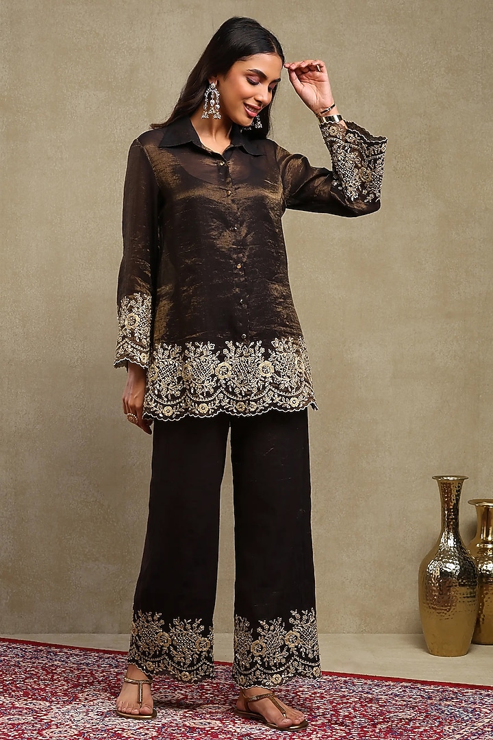 Black Tissue Chanderi Embroidered Co-Ord Set by DOHR INDIA at Pernia's Pop Up Shop