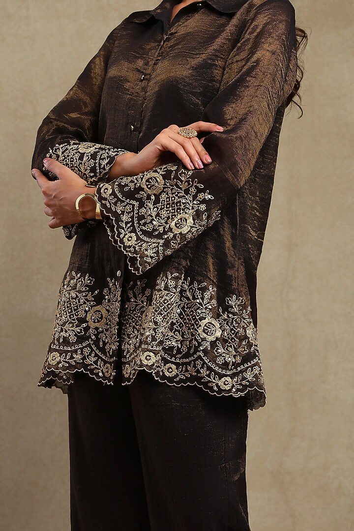 Black Tissue Chanderi Embroidered Co-Ord Set by DOHR INDIA at Pernia's Pop Up Shop