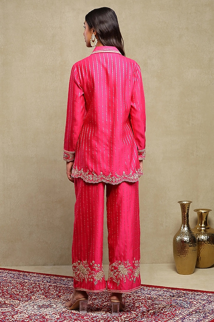 Hot Pink Silk Chanderi Jacquard Embroidered Co-Ord Set by DOHR INDIA at Pernia's Pop Up Shop