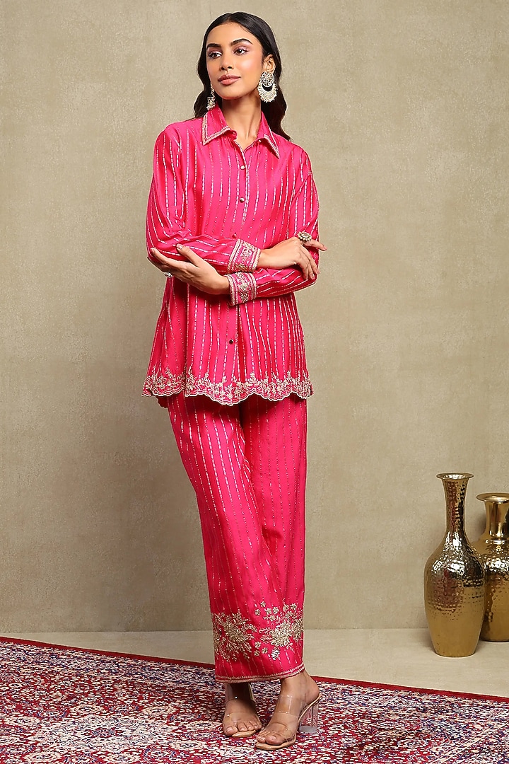 Hot Pink Silk Chanderi Jacquard Embroidered Co-Ord Set by DOHR INDIA at Pernia's Pop Up Shop