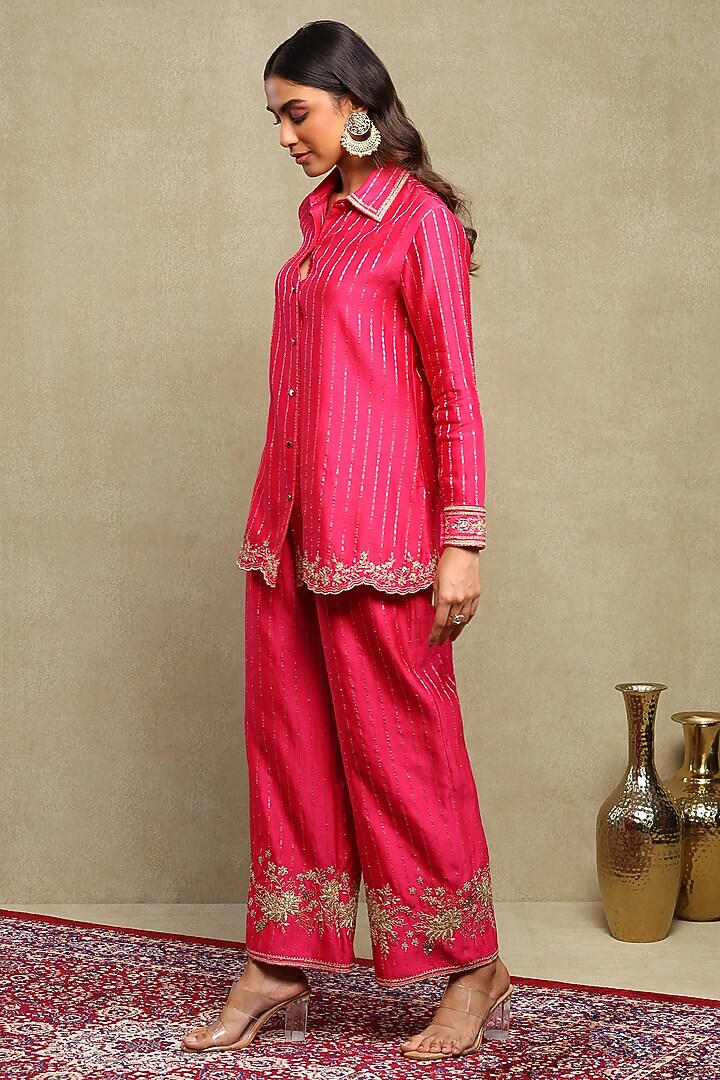 Hot Pink Silk Chanderi Jacquard Embroidered Co-Ord Set by DOHR INDIA at Pernia's Pop Up Shop