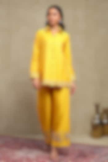 Mango Yellow Silk Chanderi Jacquard Embroidered Co-Ord Set by DOHR INDIA at Pernia's Pop Up Shop