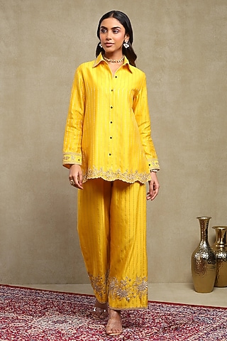 Mango Yellow Silk Chanderi Jacquard Embroidered Co-Ord Set by DOHR INDIA