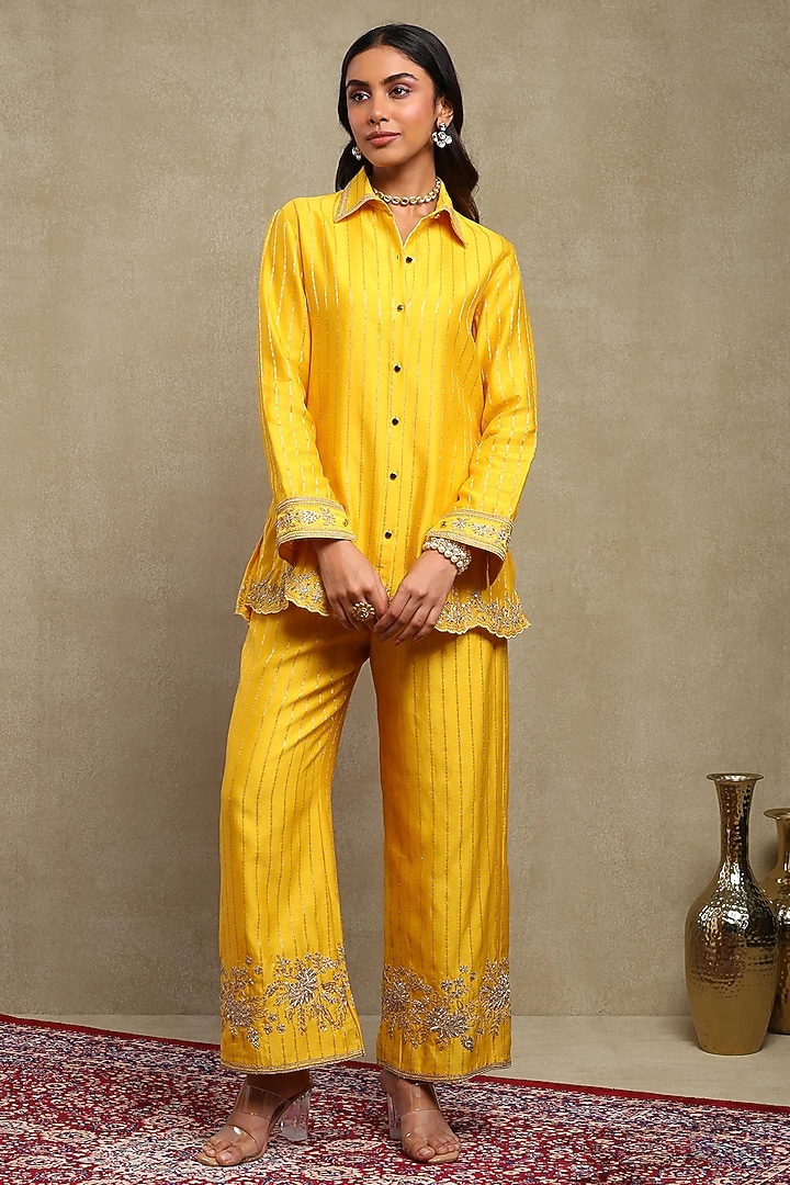 Mango Yellow Silk Chanderi Jacquard Embroidered Co-Ord Set by DOHR INDIA at Pernia's Pop Up Shop