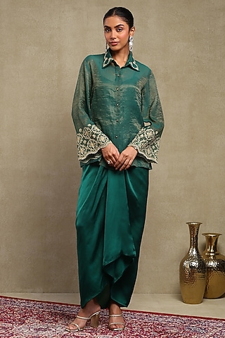 Emerald Green Cupro Satin Skirt Set by DOHR INDIA