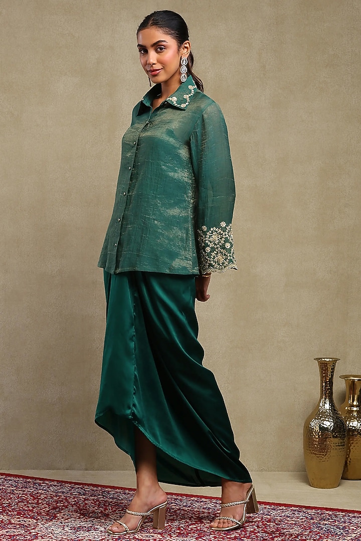 Emerald Green Cupro Satin Skirt Set by DOHR INDIA at Pernia's Pop Up Shop