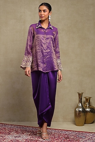 Deep Purple Cupro Satin Skirt Set by DOHR INDIA