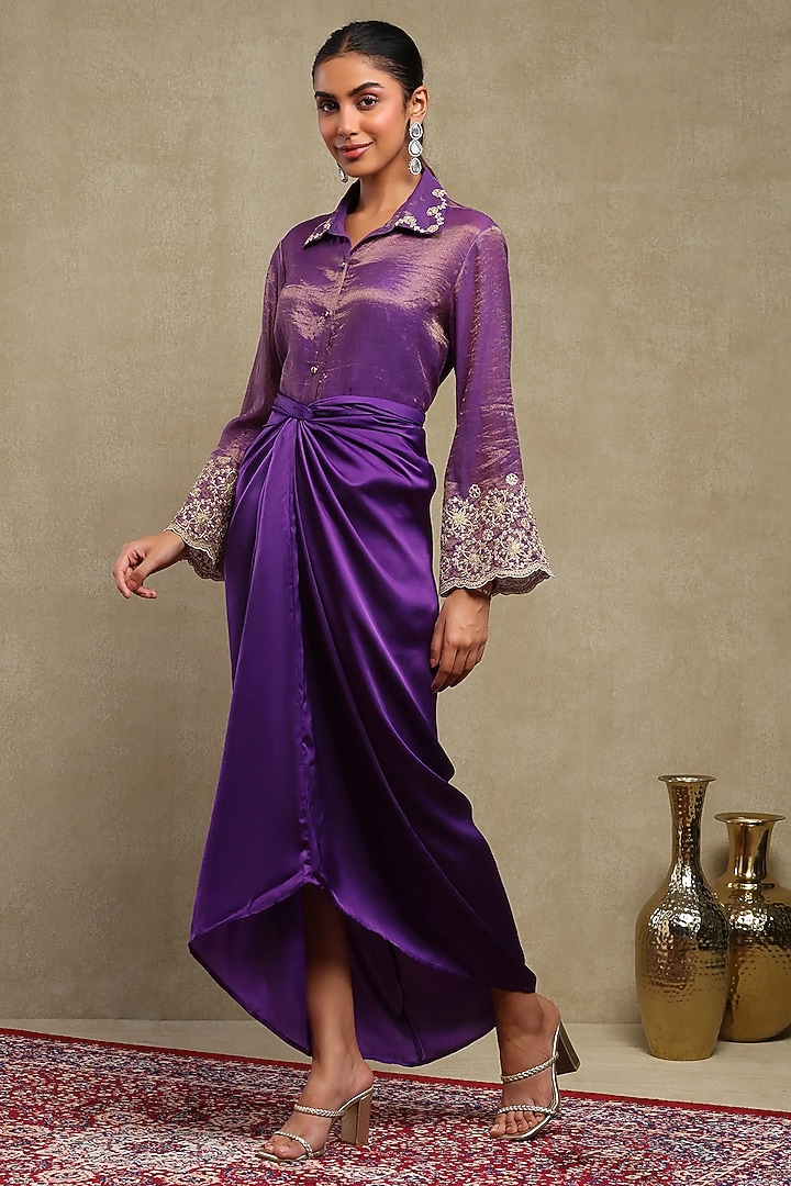 Deep Purple Cupro Satin Skirt Set by DOHR INDIA at Pernia's Pop Up Shop
