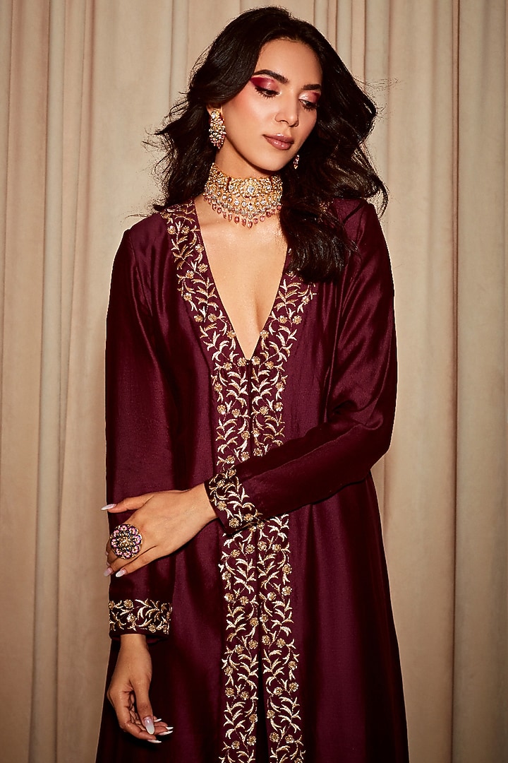 Deep Maroon Silk Chanderi Embroidered Jacket Kurta Set by DOHR INDIA at Pernia's Pop Up Shop