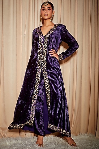 Deep Purple Silk Velvet Embroidered Jacket Kurta Set by DOHR INDIA