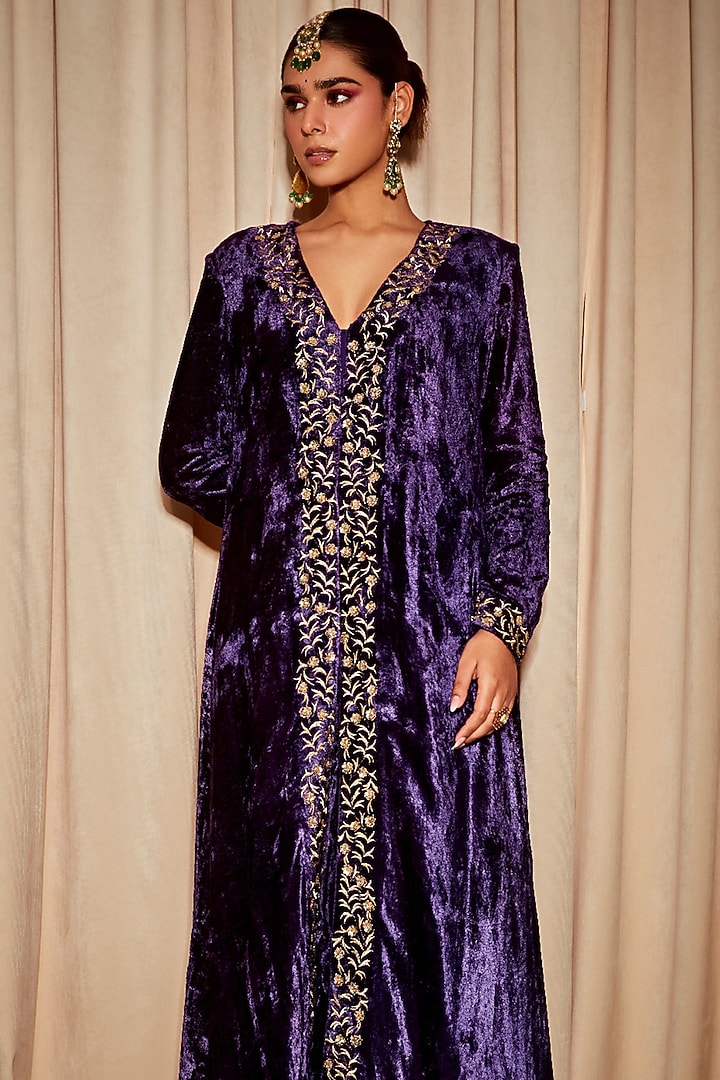 Deep Purple Silk Velvet Embroidered Jacket Kurta Set by DOHR INDIA at Pernia's Pop Up Shop