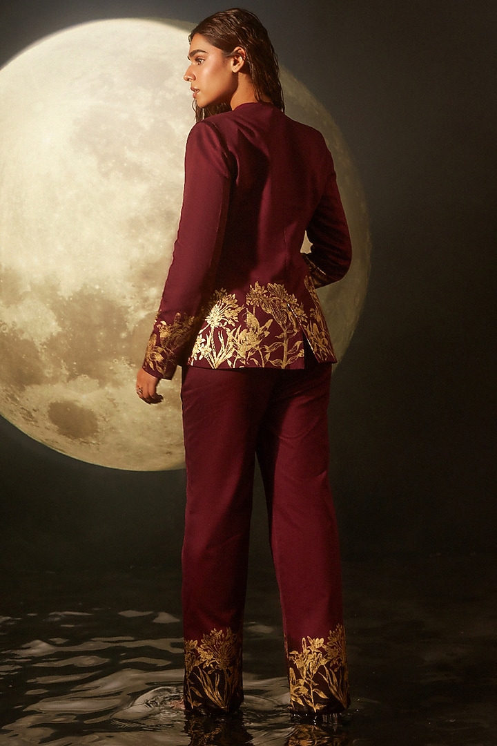 Maroon Silk Chanderi Printed Blazer Set by DOHR INDIA at Pernia's Pop Up Shop