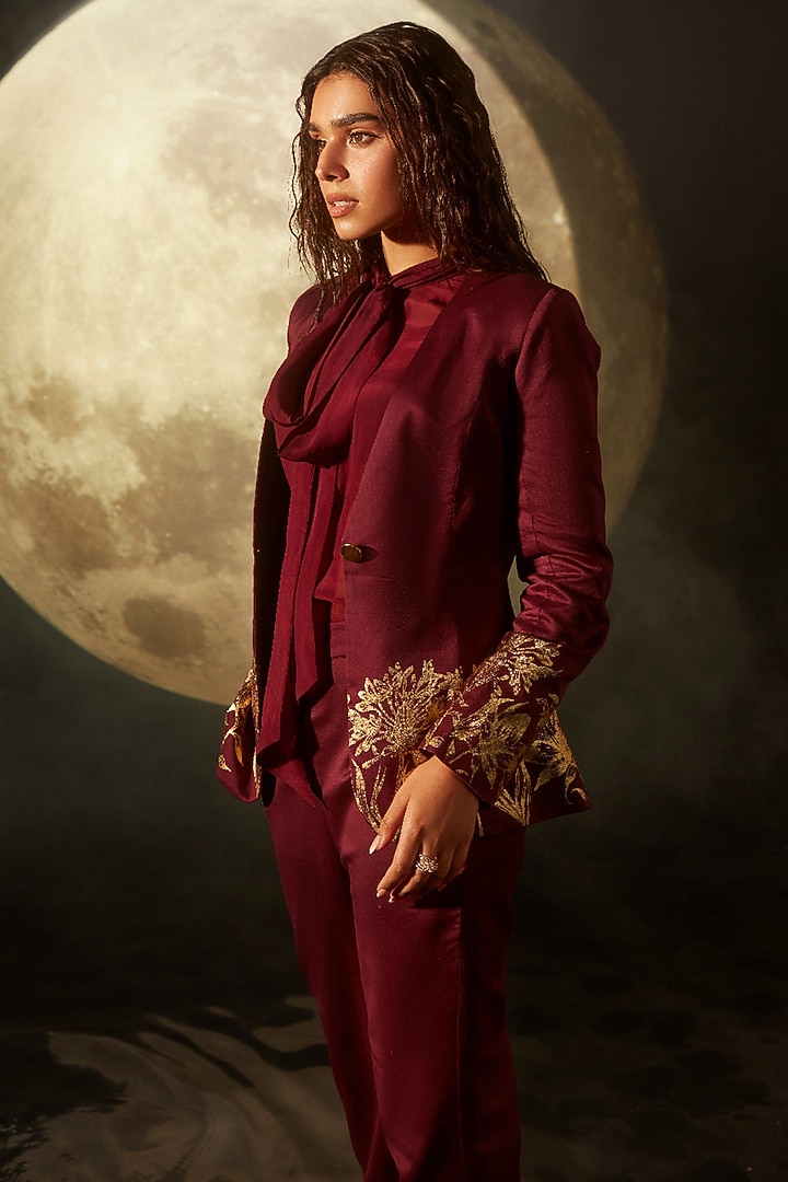 Maroon Silk Chanderi Printed Blazer Set by DOHR INDIA at Pernia's Pop Up Shop