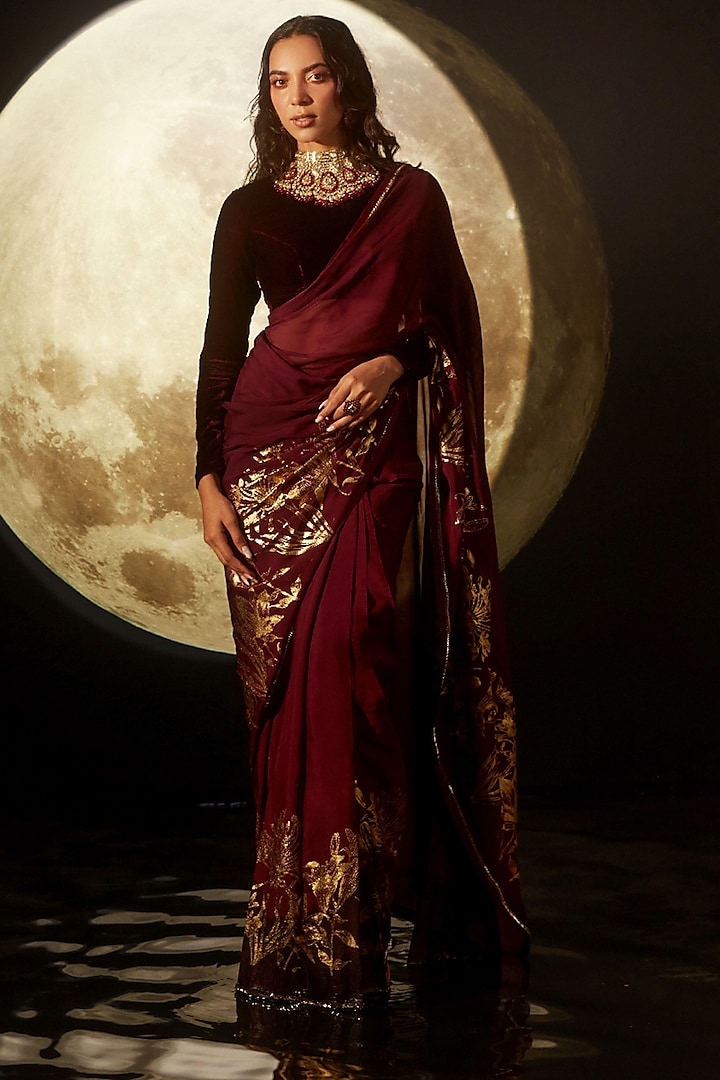 Deep Maroon Organza Embroidered & Printed Saree Set by DOHR INDIA