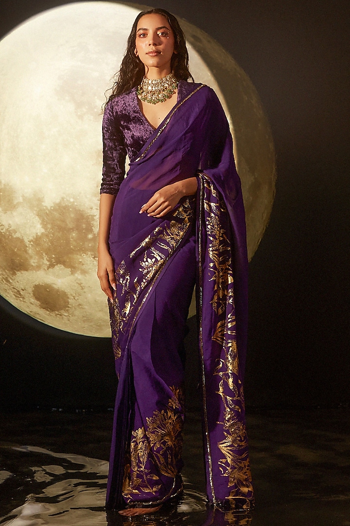 Deep Purple Organza Embroidered & Printed Saree Set by DOHR INDIA