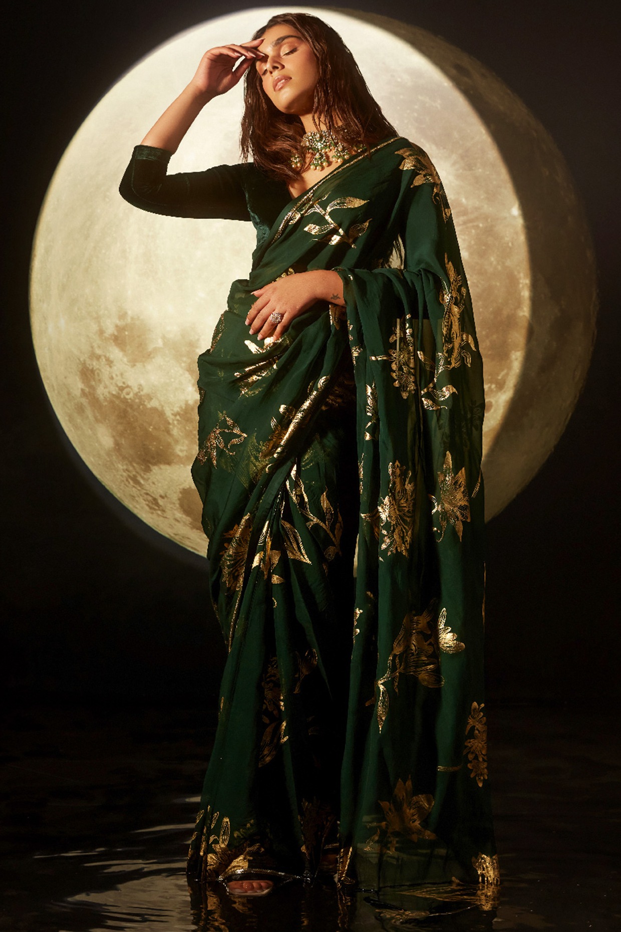 Get Sabyasachi Green Floral Organza Wedding Wear Saree with Blouse