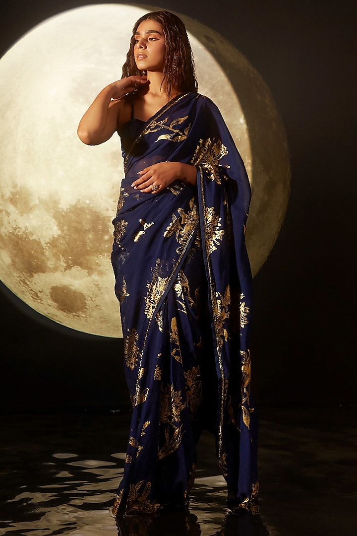 Deep Blue Organza Embroidered & Printed Saree Set by DOHR INDIA