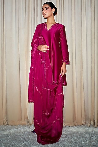 Plum Silk Chanderi Embroidered Kurta Set by DOHR INDIA