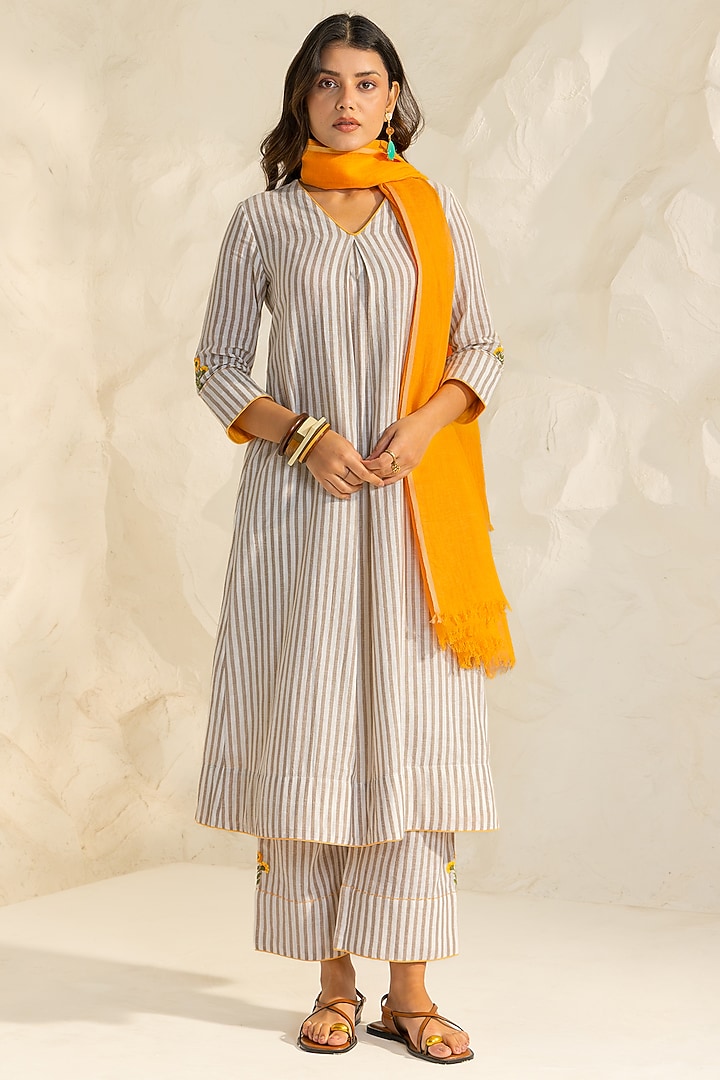 Beige Cotton Flax Striped A-Line Kurta Set by DOHR INDIA at Pernia's Pop Up Shop