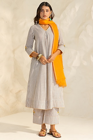 Beige Cotton Flax Striped A-Line Kurta Set by DOHR INDIA