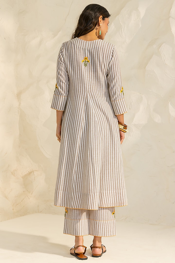 Beige Cotton Flax Striped A-Line Kurta Set by DOHR INDIA at Pernia's Pop Up Shop