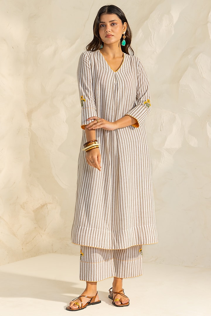 Beige Cotton Flax Striped A-Line Kurta Set by DOHR INDIA at Pernia's Pop Up Shop