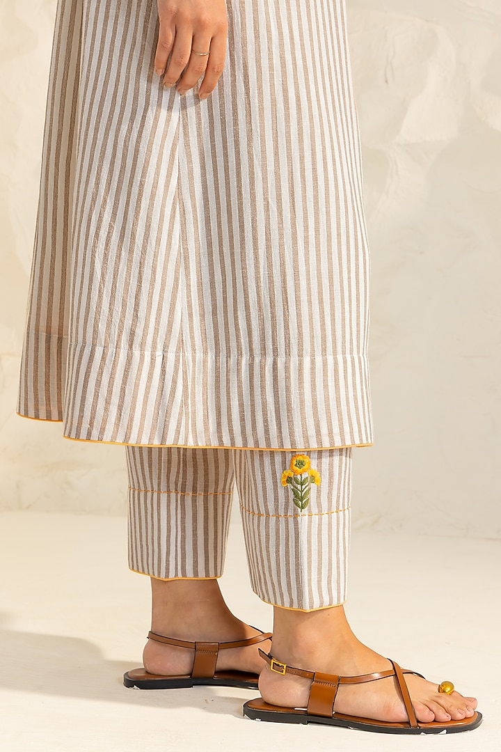 Beige Cotton Flax Striped A-Line Kurta Set by DOHR INDIA at Pernia's Pop Up Shop