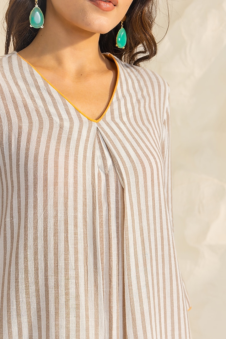 Beige Cotton Flax Striped A-Line Kurta Set by DOHR INDIA at Pernia's Pop Up Shop