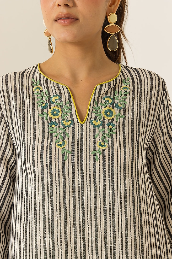 Black & White Cotton Slub Striped High-Low Kurta Set by DOHR INDIA at Pernia's Pop Up Shop
