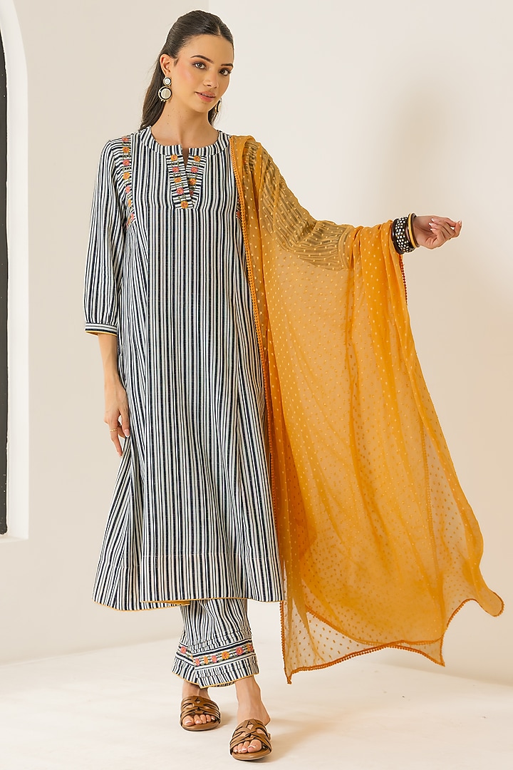 Black & White Cotton Slub Striped A-Line Kurta Set by DOHR INDIA at Pernia's Pop Up Shop