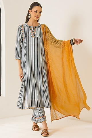Black & White Cotton Slub Striped A-Line Kurta Set by DOHR INDIA