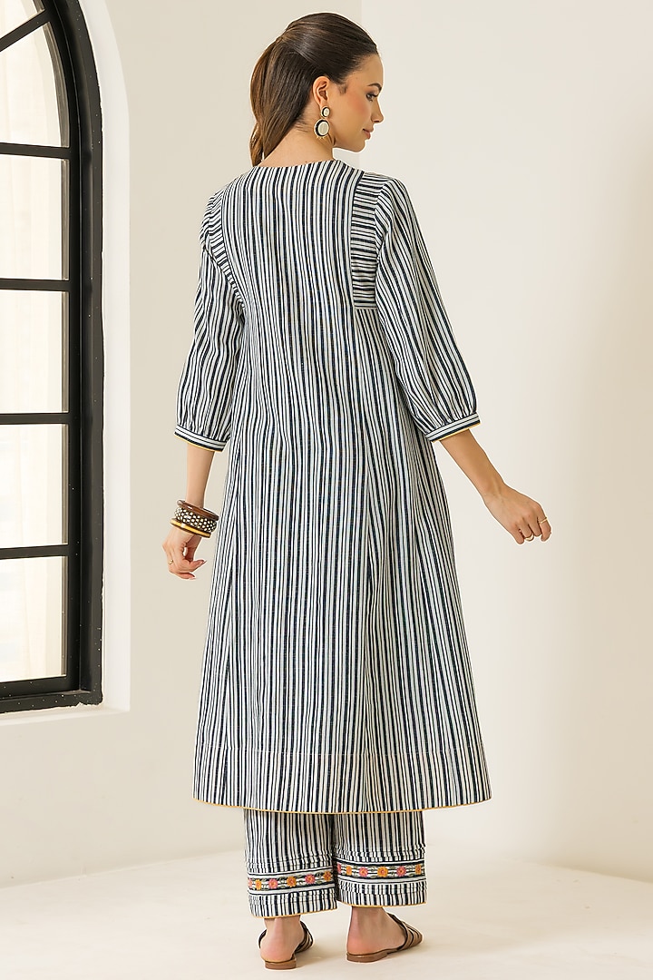 Black & White Cotton Slub Striped A-Line Kurta Set by DOHR INDIA at Pernia's Pop Up Shop