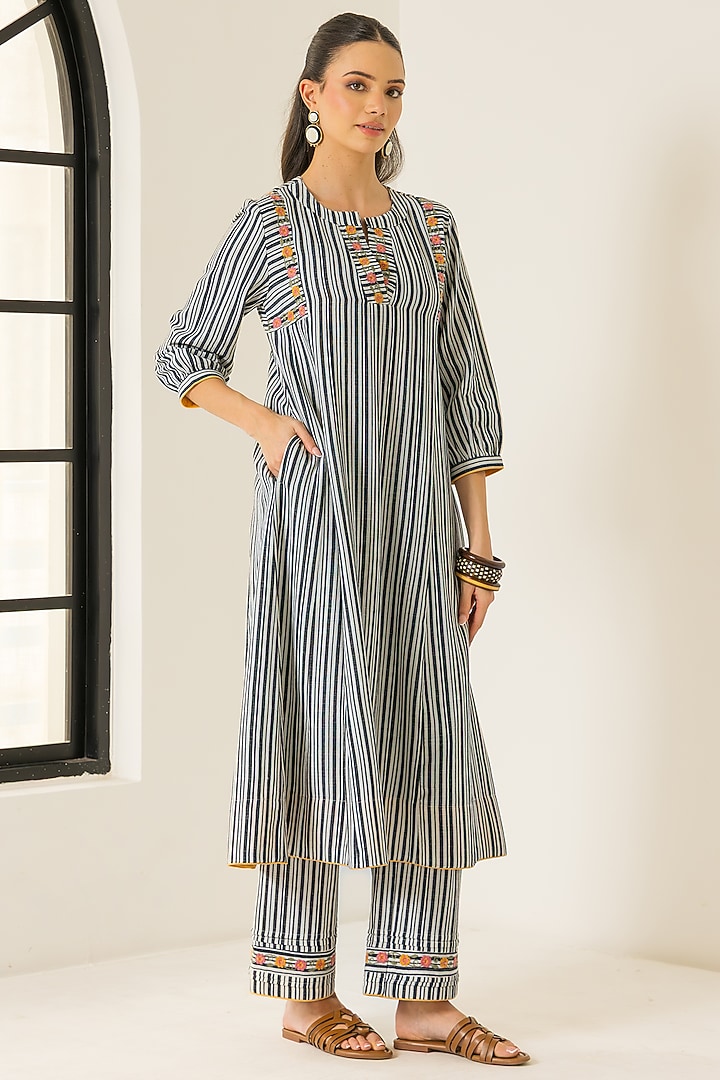 Black & White Cotton Slub Striped A-Line Kurta Set by DOHR INDIA at Pernia's Pop Up Shop
