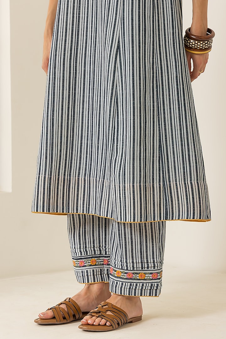 Black & White Cotton Slub Striped A-Line Kurta Set by DOHR INDIA at Pernia's Pop Up Shop