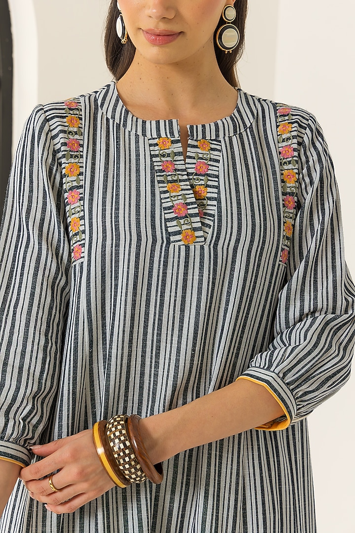 Black & White Cotton Slub Striped A-Line Kurta Set by DOHR INDIA at Pernia's Pop Up Shop