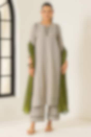 Ivory & Mustard Cotton Slub Striped A-Line Kurta Set by DOHR INDIA at Pernia's Pop Up Shop