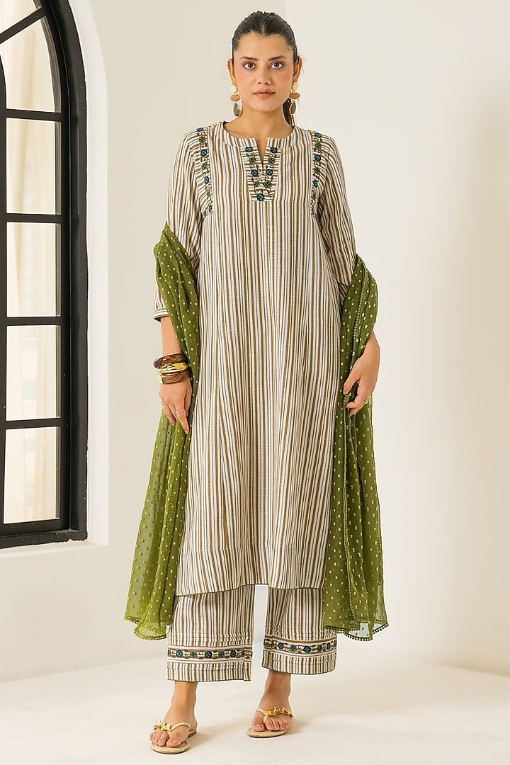 Ivory & Mustard Cotton Slub Striped A-Line Kurta Set by DOHR INDIA at Pernia's Pop Up Shop