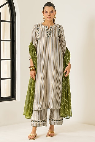 Ivory & Mustard Cotton Slub Striped A-Line Kurta Set by DOHR INDIA