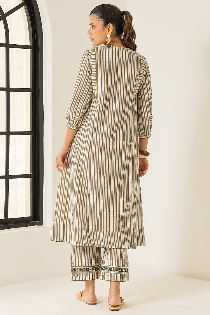 Ivory & Mustard Cotton Slub Striped A-Line Kurta Set by DOHR INDIA at Pernia's Pop Up Shop