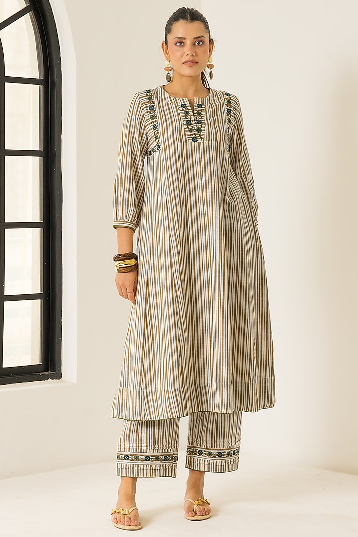 Ivory & Mustard Cotton Slub Striped A-Line Kurta Set by DOHR INDIA at Pernia's Pop Up Shop