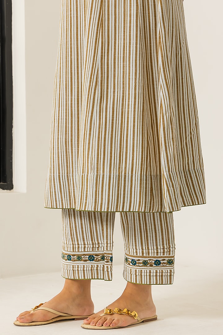 Ivory & Mustard Cotton Slub Striped A-Line Kurta Set by DOHR INDIA at Pernia's Pop Up Shop