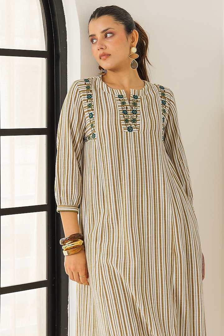 Ivory & Mustard Cotton Slub Striped A-Line Kurta Set by DOHR INDIA at Pernia's Pop Up Shop