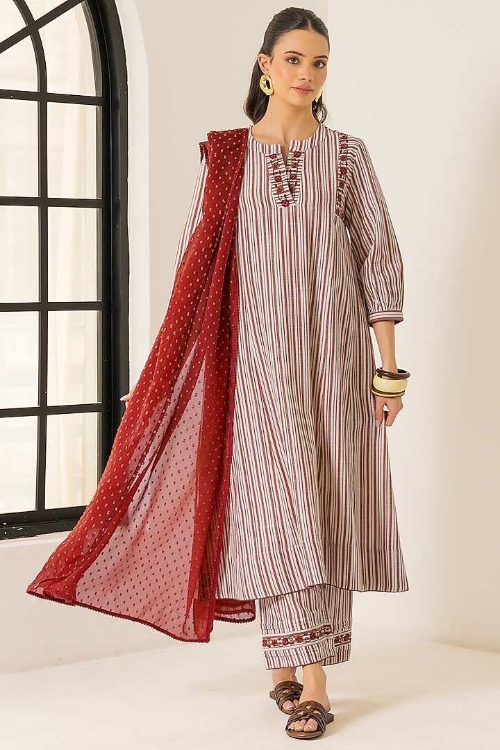 Ivory & Red Cotton Slub Striped A-Line Kurta Set by DOHR INDIA at Pernia's Pop Up Shop