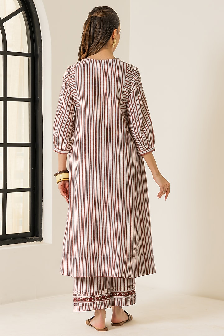 Ivory & Red Cotton Slub Striped A-Line Kurta Set by DOHR INDIA at Pernia's Pop Up Shop
